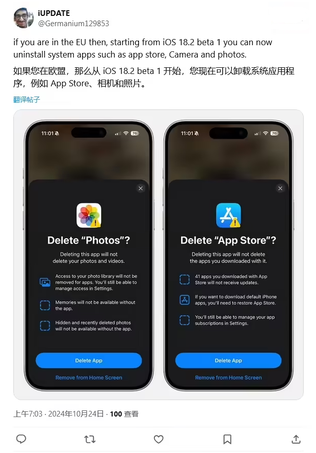 溧水苹果手机维修分享iOS 18.2 支持删除 App Store 应用商店 