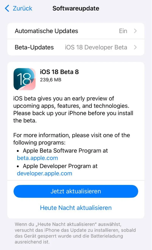 溧水苹果手机维修分享苹果 iOS / iPadOS 18 开发者预览版 Beta 8 发布 